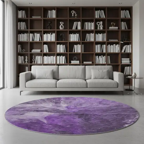 8' Purple Ivory And Gray Abstract Washable Round Rug With UV Protection Photo 2