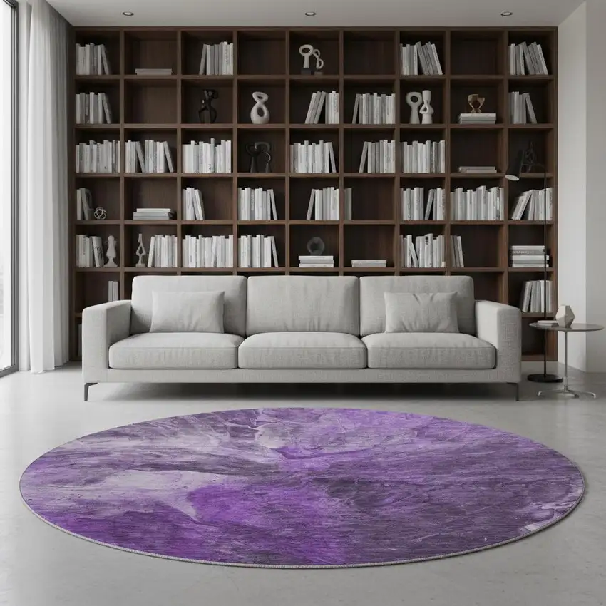 8' Purple Ivory And Gray Abstract Washable Round Rug With UV Protection Photo 2