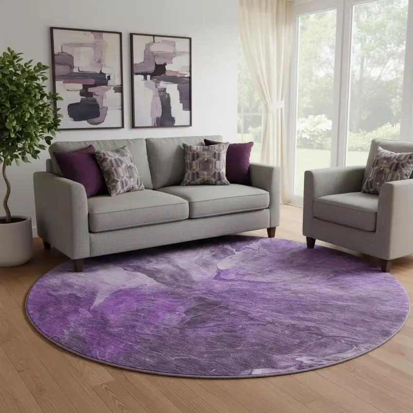 8' Purple Ivory And Gray Abstract Washable Round Rug With UV Protection Photo 1