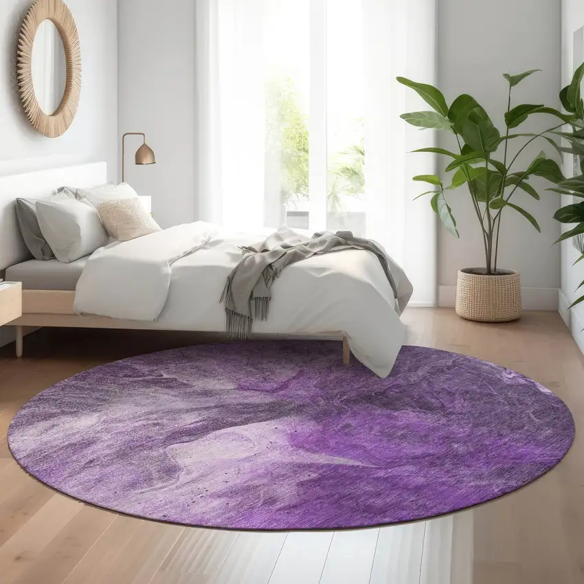 8' Purple Ivory And Gray Abstract Washable Round Rug With UV Protection Photo 5