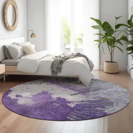 8' Purple Ivory And Gray Abstract Washable Round Rug With UV Protection Photo 4