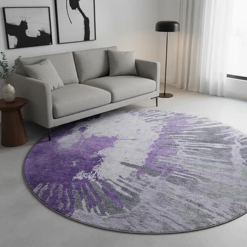 8' Purple Ivory And Gray Abstract Washable Round Rug With UV Protection Photo 2