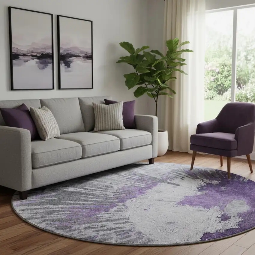 8' Purple Ivory And Gray Abstract Washable Round Rug With UV Protection Photo 1