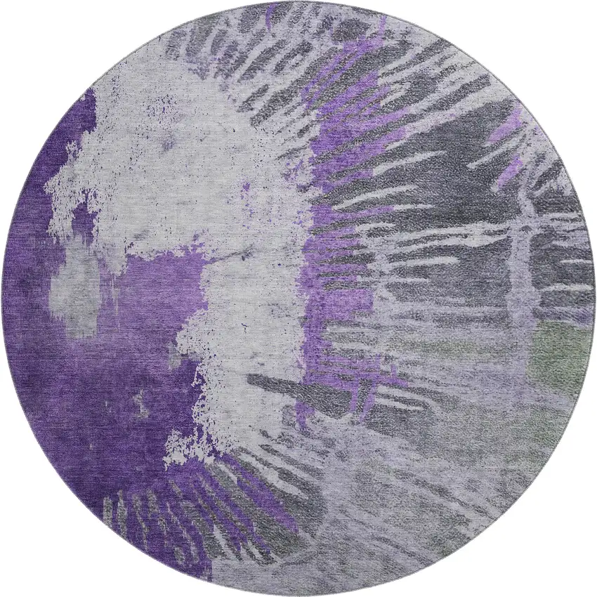 8' Purple Ivory And Gray Abstract Washable Round Rug With UV Protection Photo 1