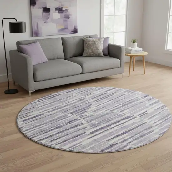 8' Purple Ivory And Gray Abstract Washable Round Rug With UV Protection Photo 2