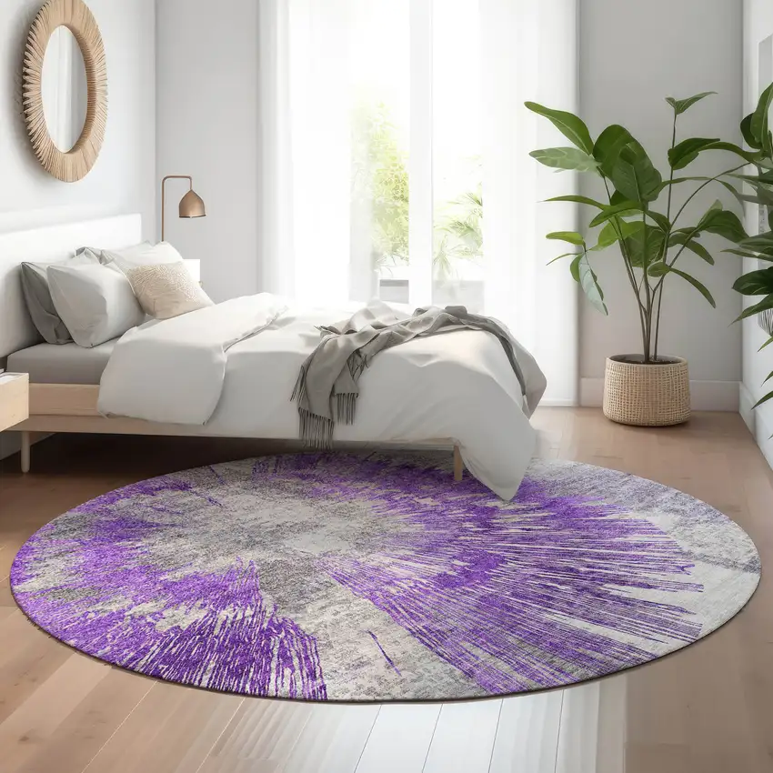 8' Purple Ivory And Gray Abstract Washable Round Rug With UV Protection Photo 5