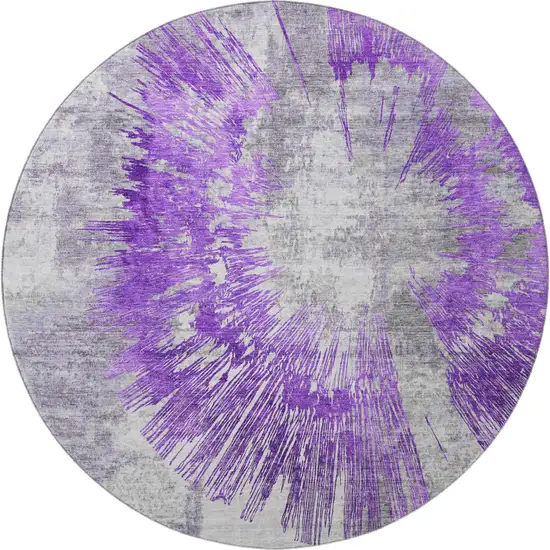 8' Purple Ivory And Gray Abstract Washable Round Rug With UV Protection Photo 4