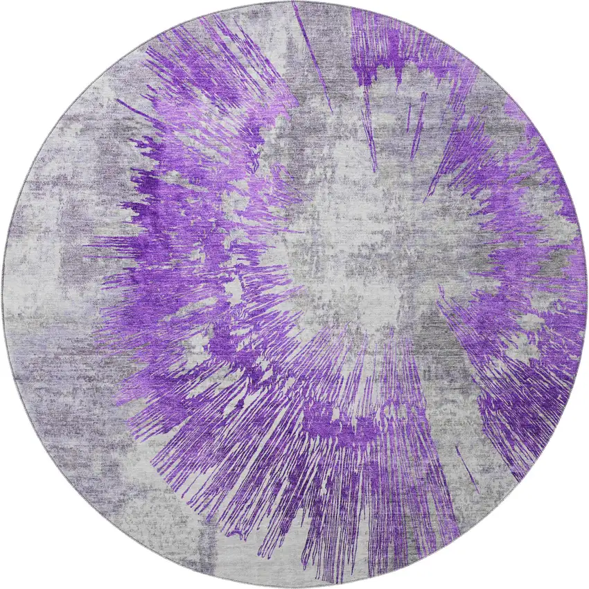 8' Purple Ivory And Gray Abstract Washable Round Rug With UV Protection Photo 4