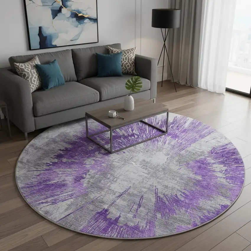 8' Purple Ivory And Gray Abstract Washable Round Rug With UV Protection Photo 2
