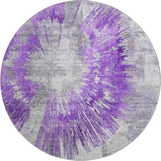 8' Purple Ivory And Gray Abstract Washable Round Rug With UV Protection Photo 1
