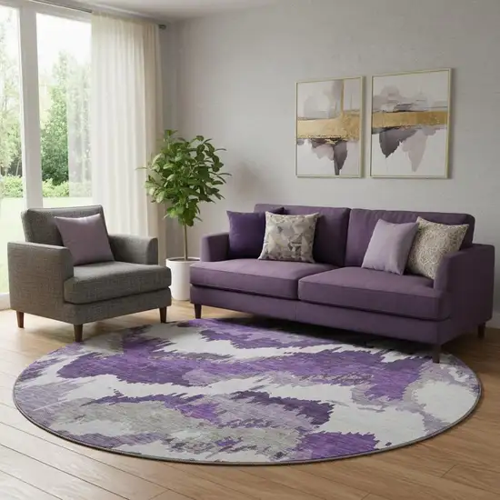 8' Purple Ivory And Gray Abstract Washable Round Rug With UV Protection Photo 1