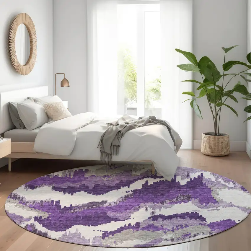 8' Purple Ivory And Gray Abstract Washable Round Rug With UV Protection Photo 6