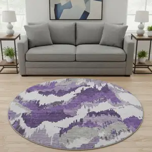 Photo of 8' Purple Ivory And Gray Abstract Washable Round Rug With UV Protection