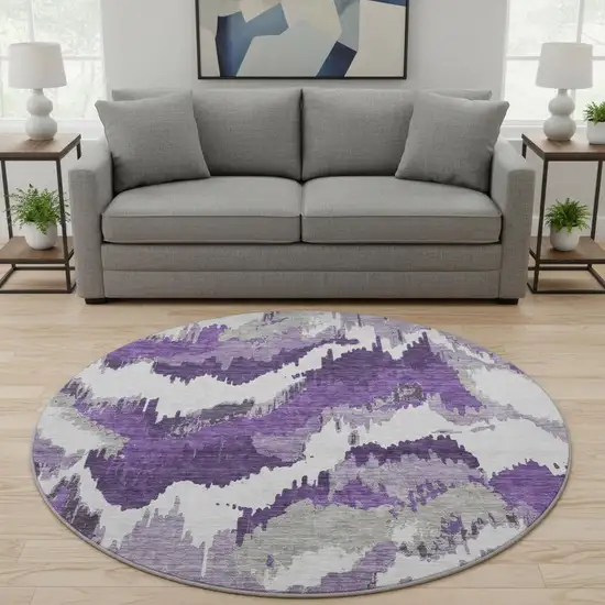 8' Purple Ivory And Gray Abstract Washable Round Rug With UV Protection Photo 1