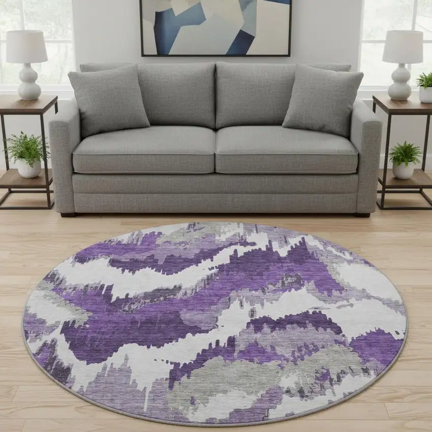 8' Purple Ivory And Gray Abstract Washable Round Rug With UV Protection Photo 1