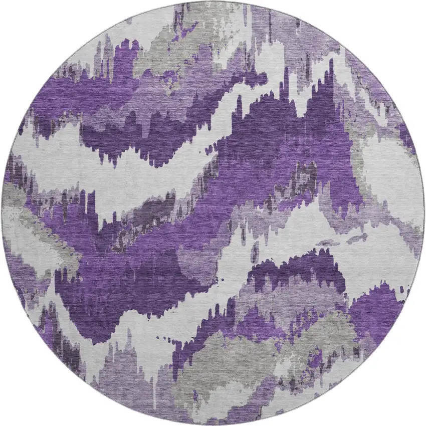 8' Purple Ivory And Gray Abstract Washable Round Rug With UV Protection Photo 2