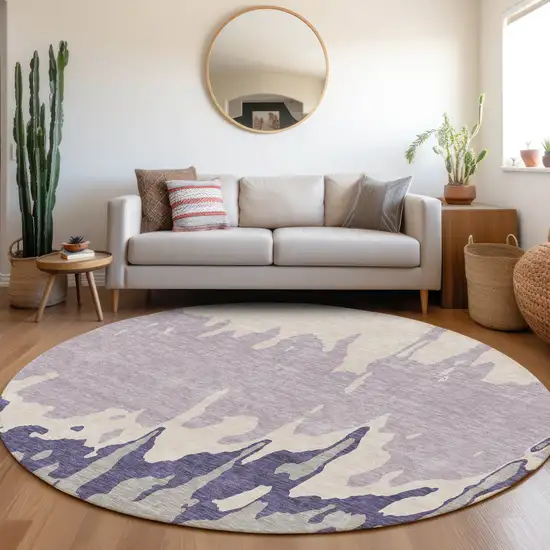 8' Purple Ivory And Gray Abstract Washable Round Rug With UV Protection Photo 4