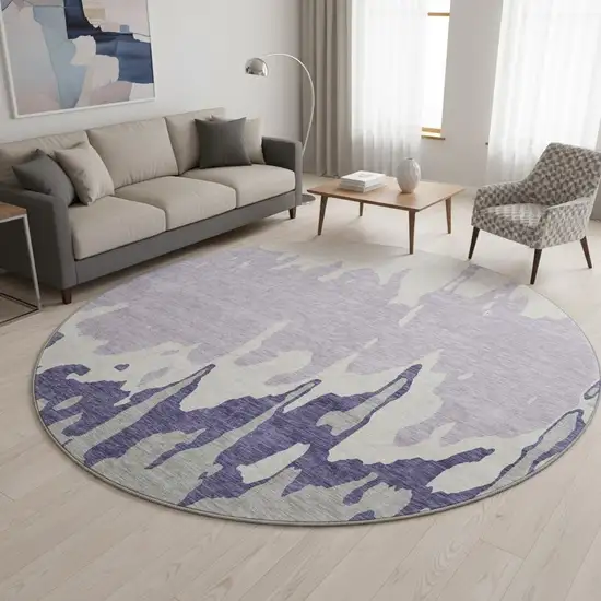 8' Purple Ivory And Gray Abstract Washable Round Rug With UV Protection Photo 2