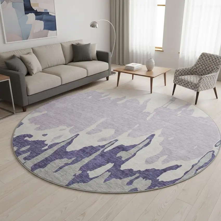 8' Purple Ivory And Gray Abstract Washable Round Rug With UV Protection Photo 2