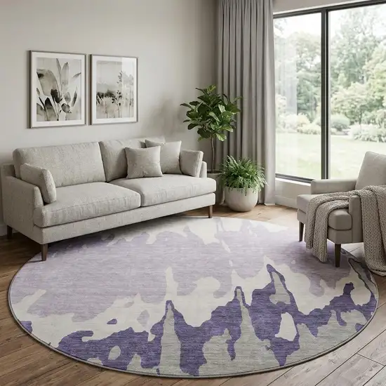 8' Purple Ivory And Gray Abstract Washable Round Rug With UV Protection Photo 1