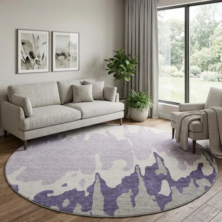 8' Purple Ivory And Gray Abstract Washable Round Rug With UV Protection Photo 1