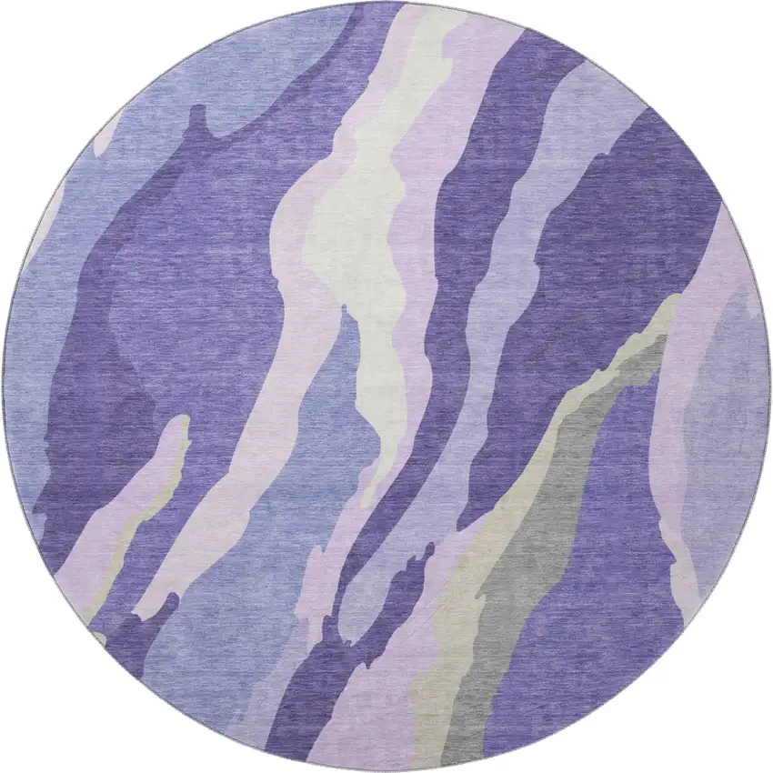 8' Purple Ivory And Gray Abstract Washable Round Rug With UV Protection Photo 2