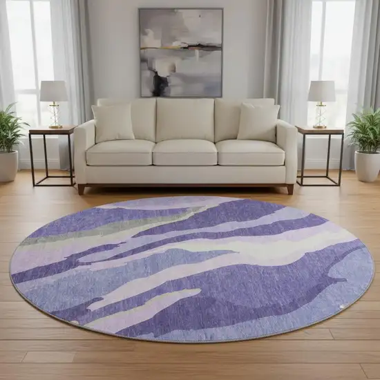 8' Purple Ivory And Gray Abstract Washable Round Rug With UV Protection Photo 2