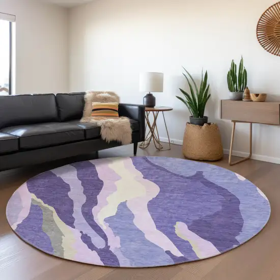 8' Purple Ivory And Gray Abstract Washable Round Rug With UV Protection Photo 3