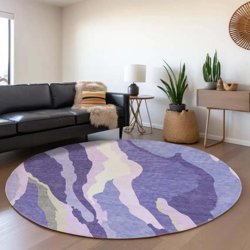 8' Purple Ivory And Gray Abstract Washable Round Rug With UV Protection Photo 3