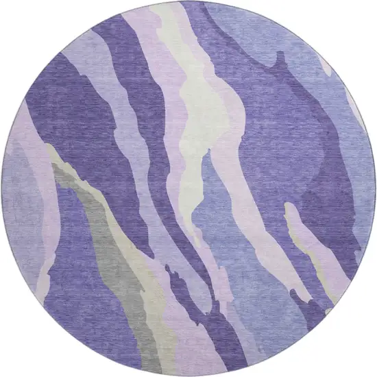 8' Purple Ivory And Gray Abstract Washable Round Rug With UV Protection Photo 1