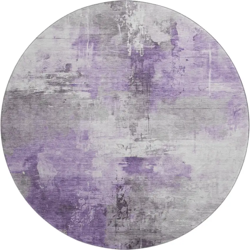 8' Purple Ivory And Gray Abstract Washable Round Rug With UV Protection Photo 1