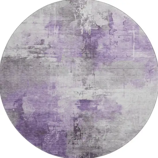 8' Purple Ivory And Gray Abstract Washable Round Rug With UV Protection Photo 2