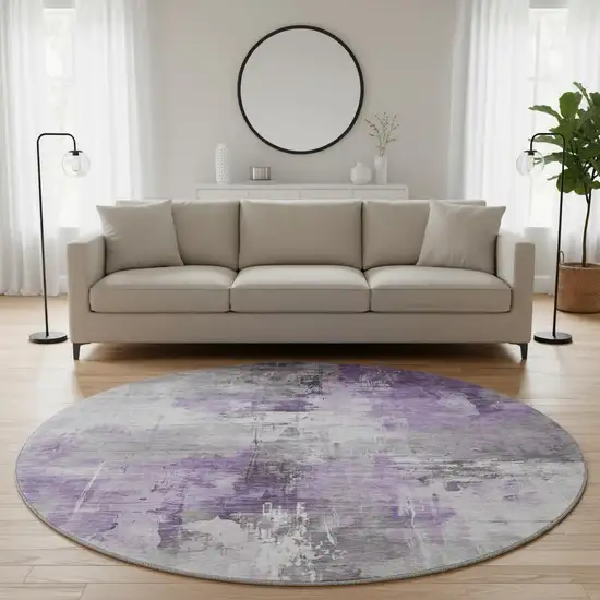 8' Purple Ivory And Gray Abstract Washable Round Rug With UV Protection Photo 2