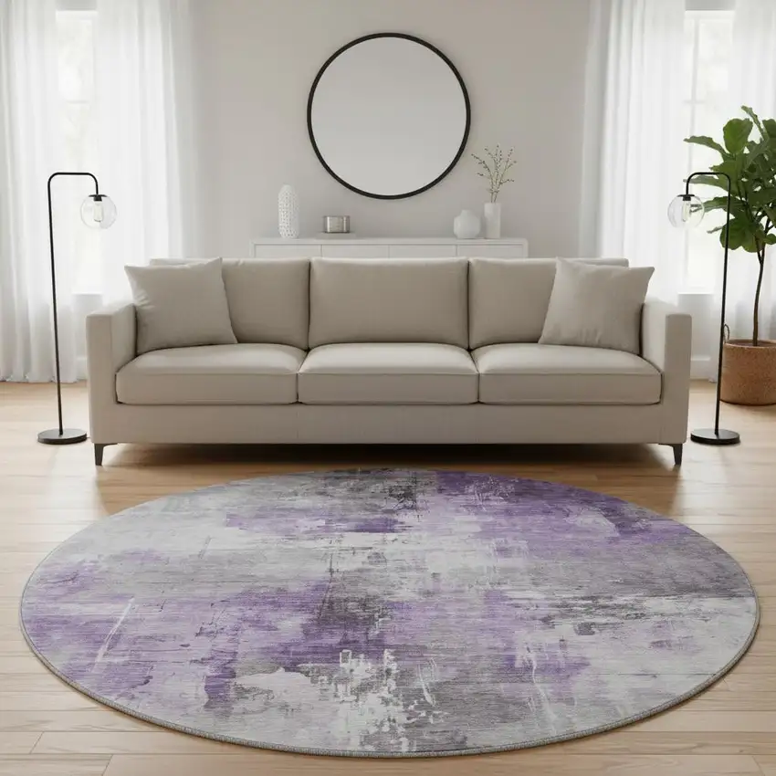 8' Purple Ivory And Gray Abstract Washable Round Rug With UV Protection Photo 2