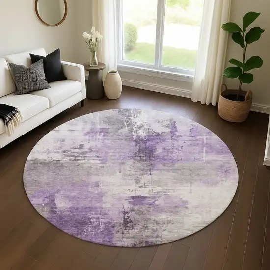8' Purple Ivory And Gray Abstract Washable Round Rug With UV Protection Photo 4