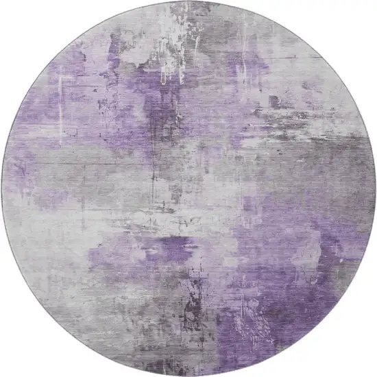 8' Purple Ivory And Gray Abstract Washable Round Rug With UV Protection Photo 3