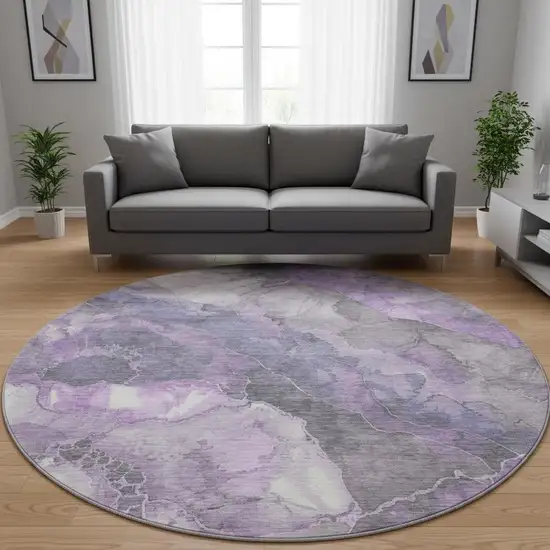 8' Purple Ivory And Gray Floral Washable Round Rug With UV Protection Photo 2