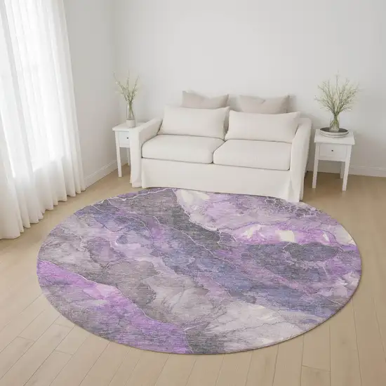 8' Purple Ivory And Gray Floral Washable Round Rug With UV Protection Photo 4