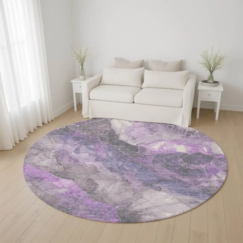 8' Purple Ivory And Gray Floral Washable Round Rug With UV Protection Photo 4