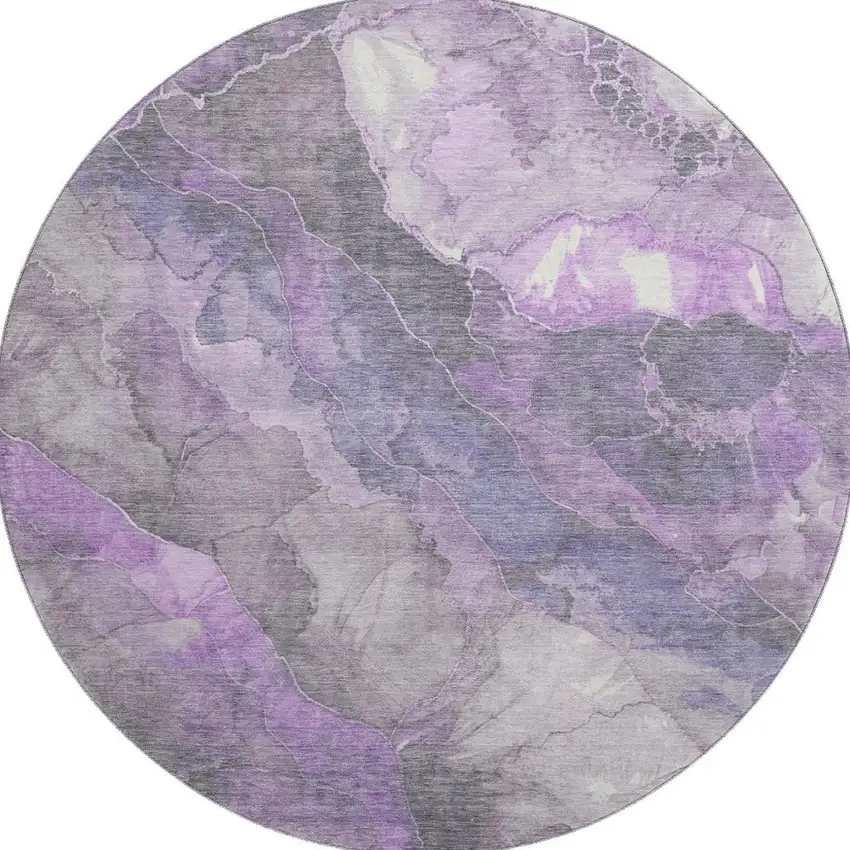 8' Purple Ivory And Gray Floral Washable Round Rug With UV Protection Photo 3