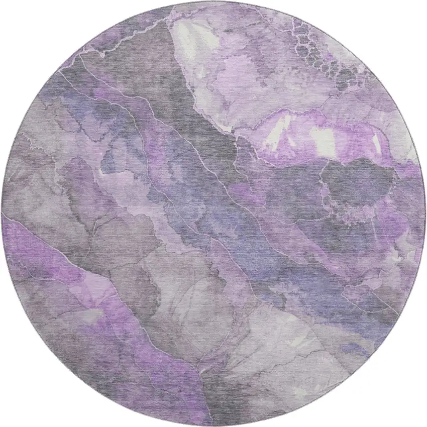 8' Purple Ivory And Gray Floral Washable Round Rug With UV Protection Photo 1