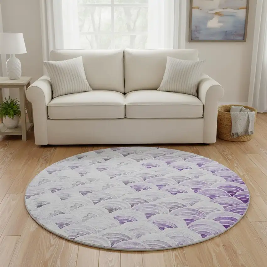 8' Purple Ivory And Gray Geometric Washable Round Rug With UV Protection Photo 1