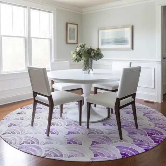 8' Purple Ivory And Gray Geometric Washable Round Rug With UV Protection Photo 5