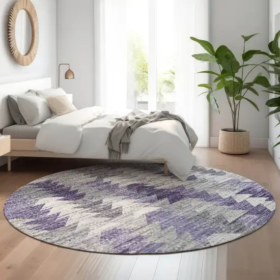 8' Purple Ivory And Gray Geometric Washable Round Rug With UV Protection Photo 5