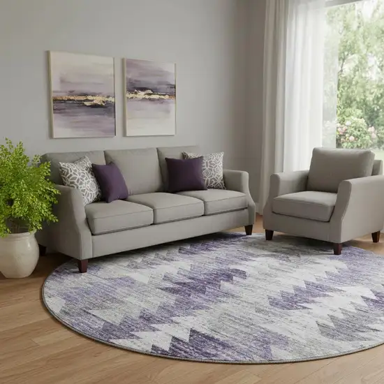8' Purple Ivory And Gray Geometric Washable Round Rug With UV Protection Photo 1