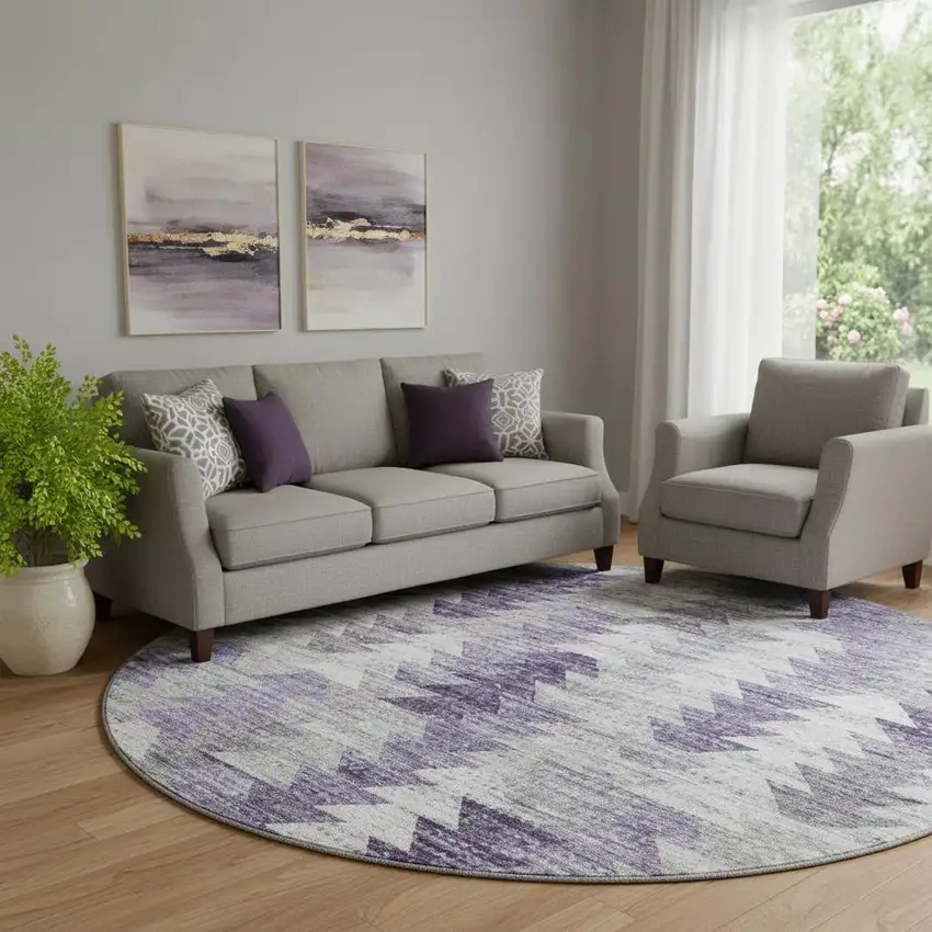 8' Purple Ivory And Gray Geometric Washable Round Rug With UV Protection Photo 1