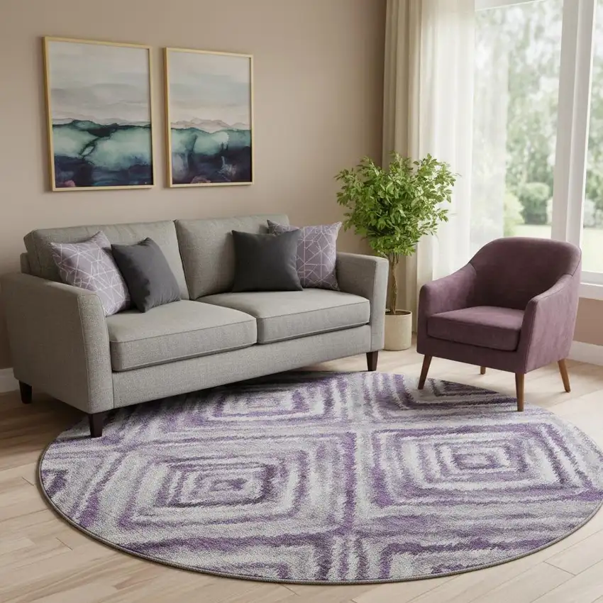 8' Purple Ivory And Gray Geometric Washable Round Rug With UV Protection Photo 1