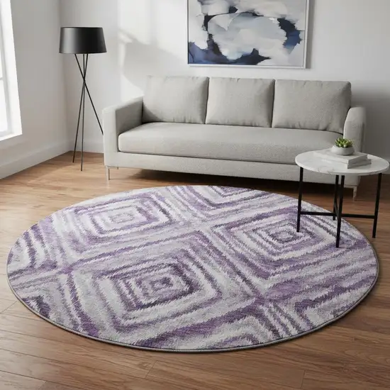 8' Purple Ivory And Gray Geometric Washable Round Rug With UV Protection Photo 2