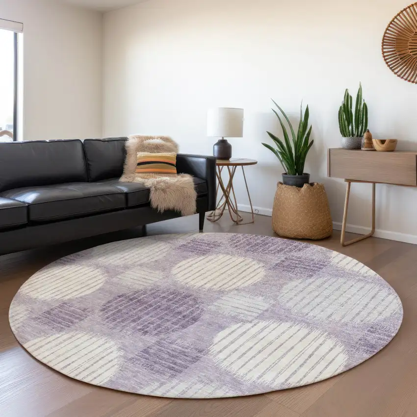 8' Purple Ivory And Gray Geometric Washable Round Rug With UV Protection Photo 5