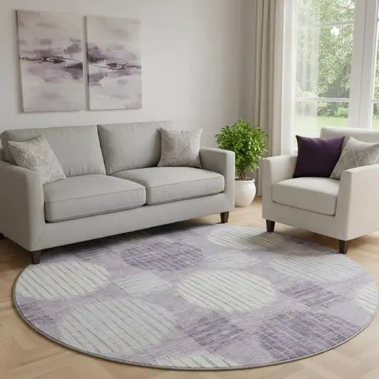 8' Purple Ivory And Gray Geometric Washable Round Rug With UV Protection Photo 1